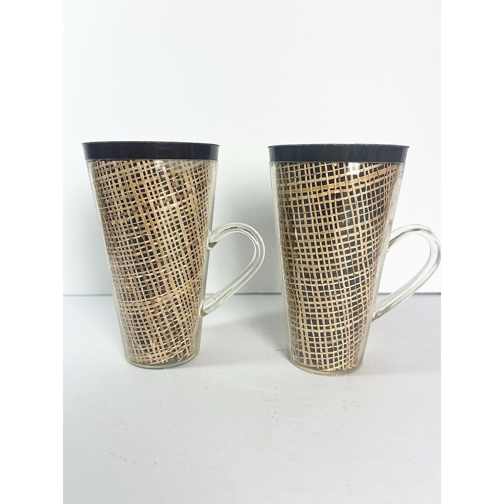 Vintage MCM Set Of 2 Coffee Cups Tapered Raffia‎ Ware Thermal Burlap Mugs